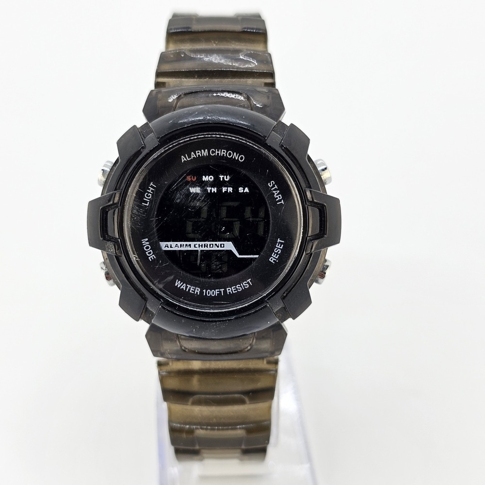 Women Digital Sports Watch 40MM Black Case Transparent Plastic Bands NEW Battery